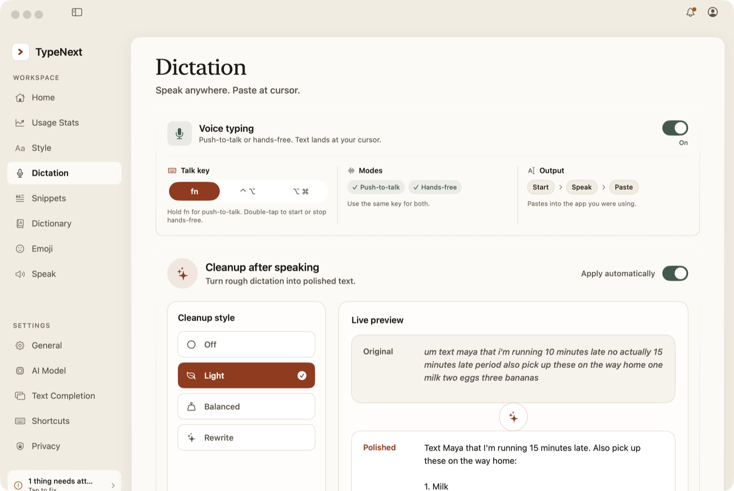 TypeNext Dictation settings