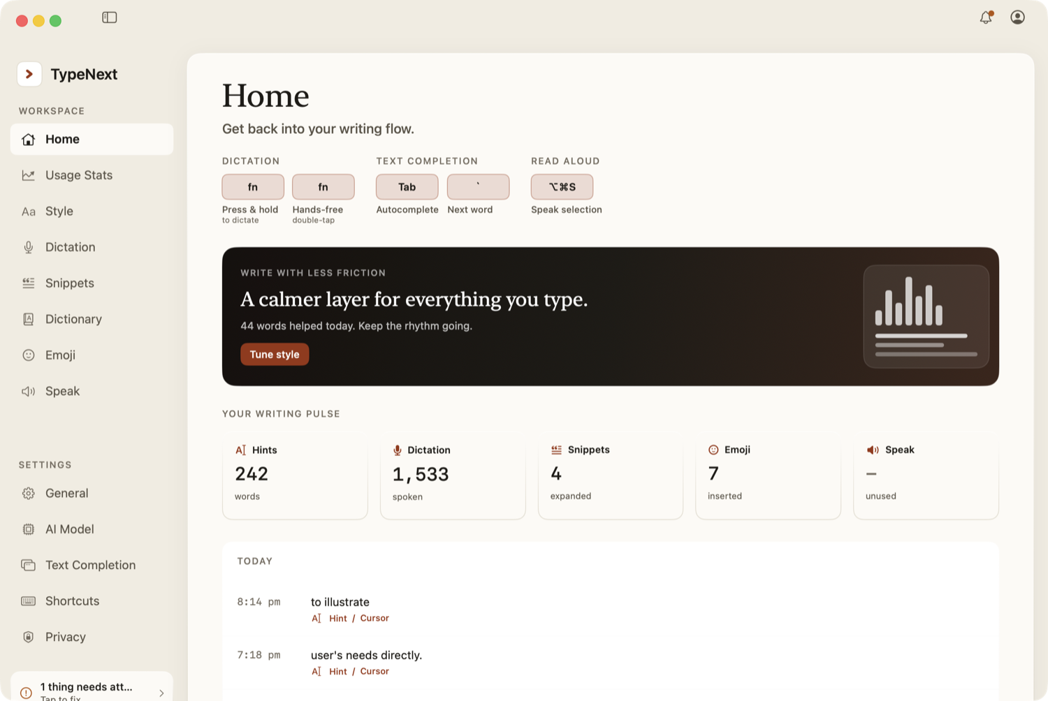 TypeNext's Home dashboard