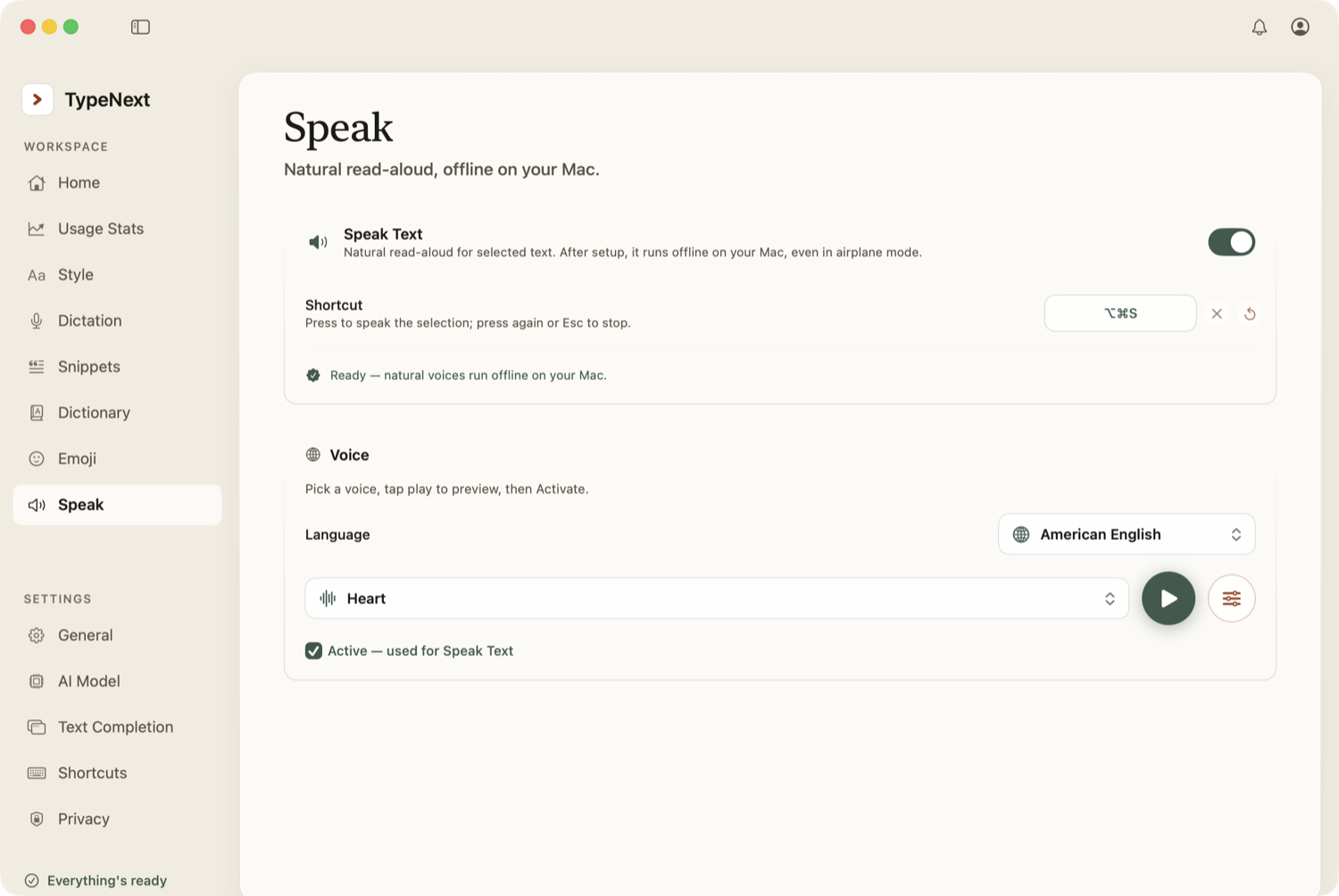 TypeNext Speak settings